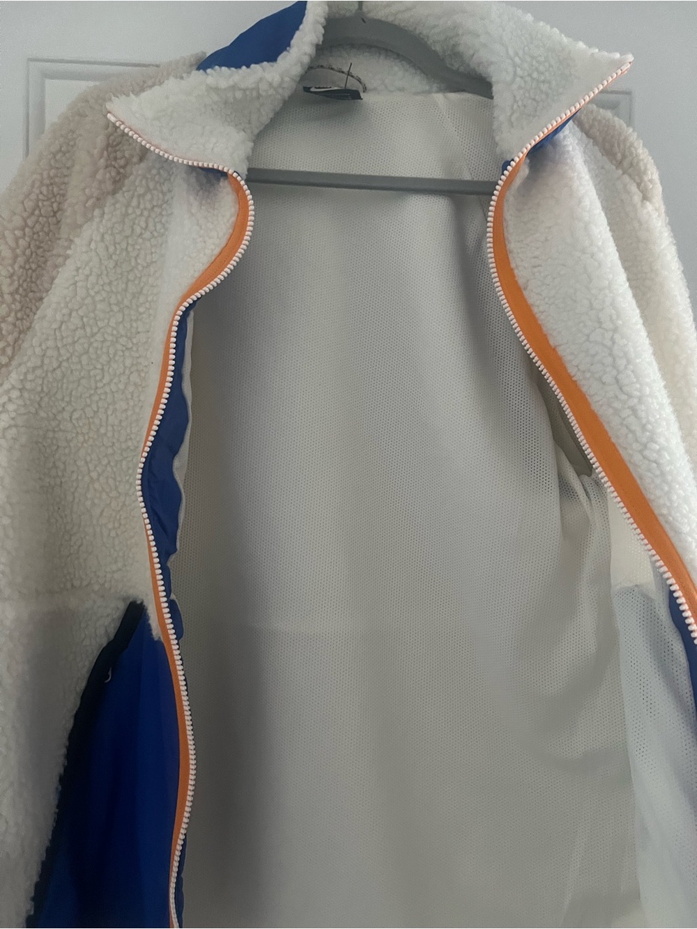Nike Cream Sherpa Jacket with Blue Panels and Orange Trim - Picture 9 of 10